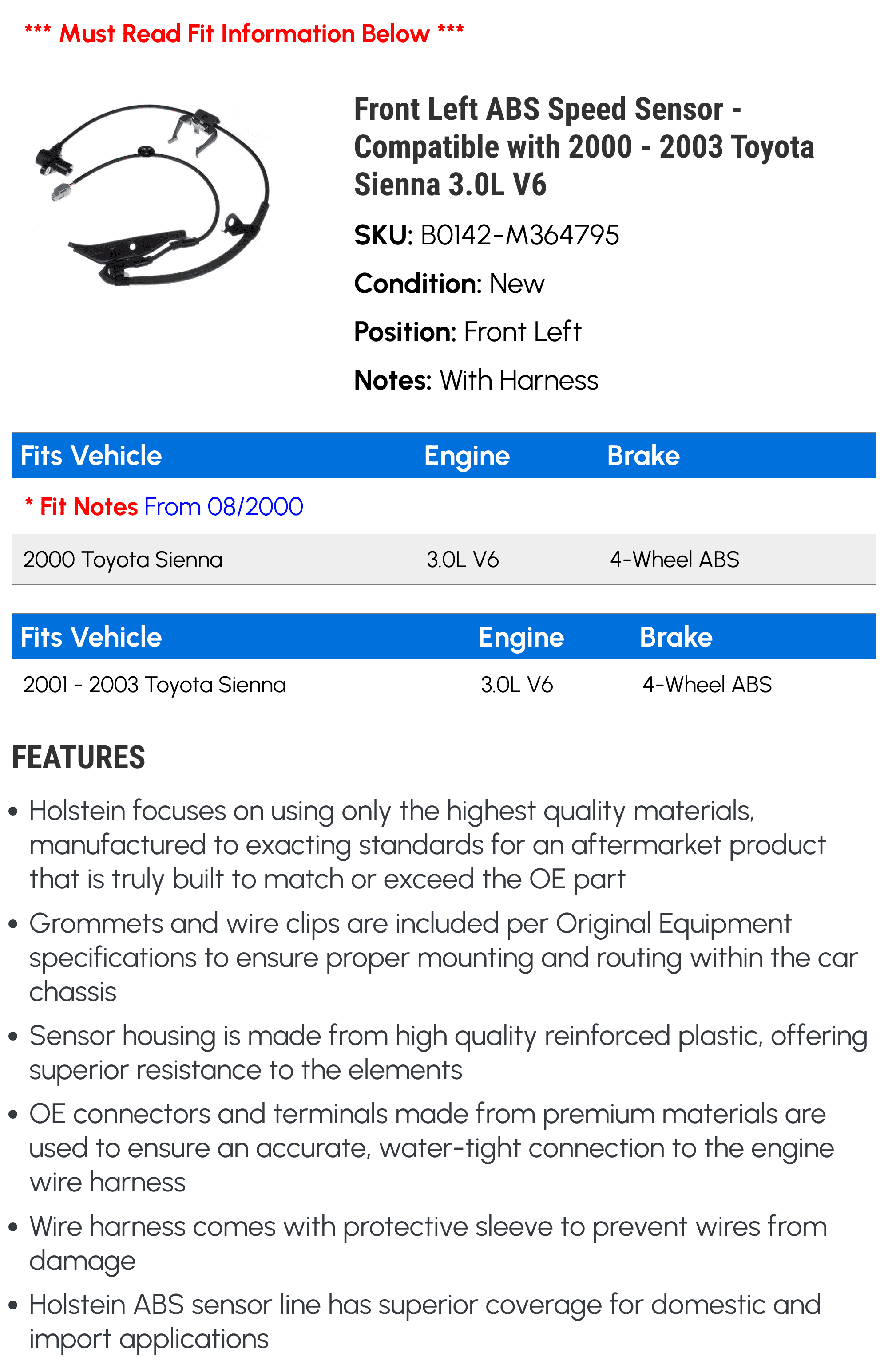 Front Left ABS Speed Sensor - Compatible with 2000 - 2003 Toyota Sienna 3.0L V6 2001 2002