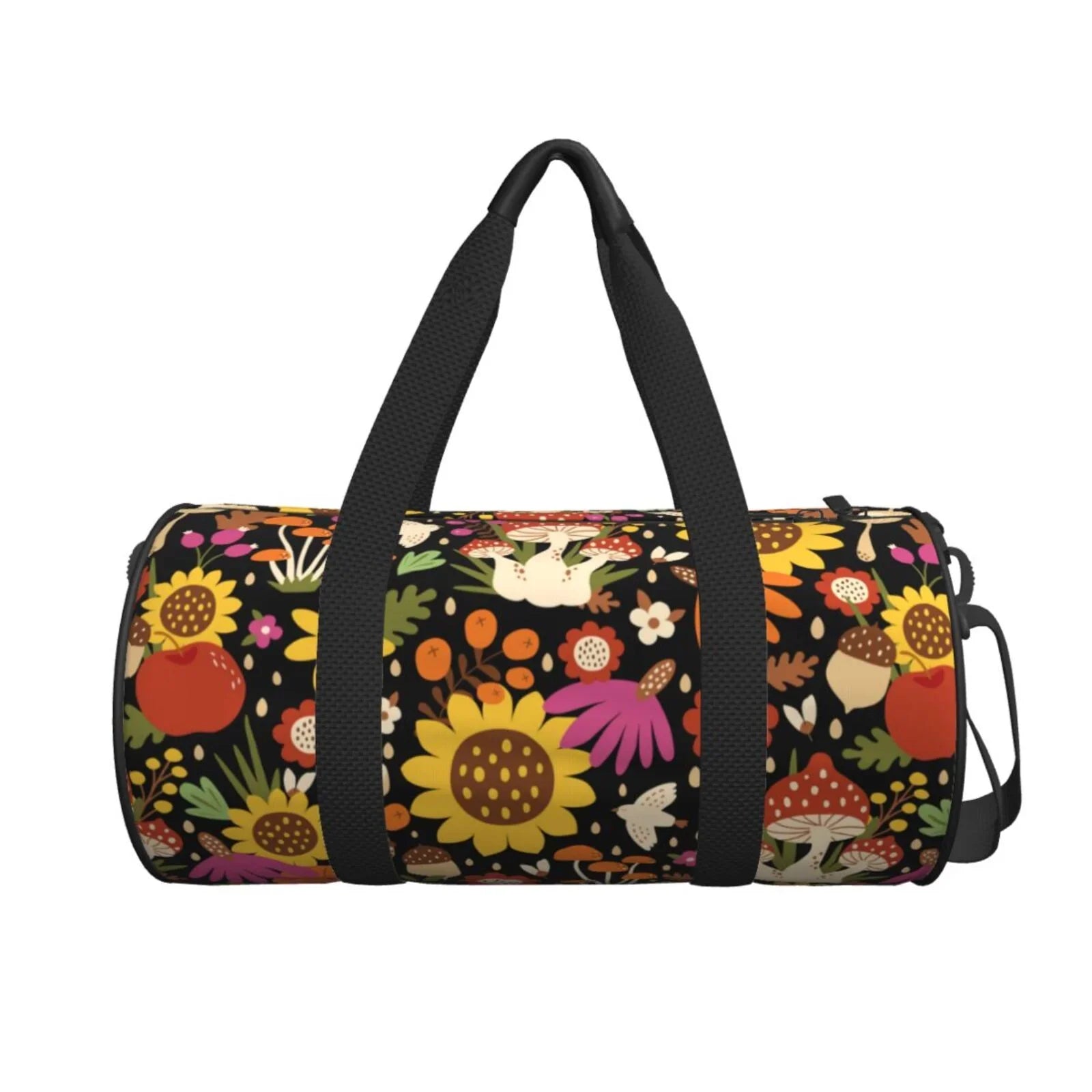 Coaee Sunflowers Mushrooms Large Capacity Travel Luggage Bag Cylinder Gym Bag Waterproof Sports Bag with Pocket and Compartment