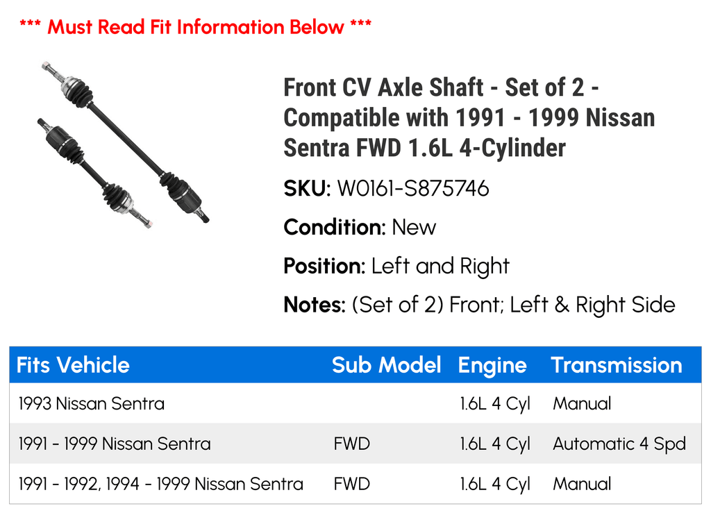 Front CV Axle Shaft - Set of 2 - Compatible with 1991 - 1999 Nissan Sentra FWD 1.6L 4-Cylinder 1992 1993 1994 1995 1996 1997 1998