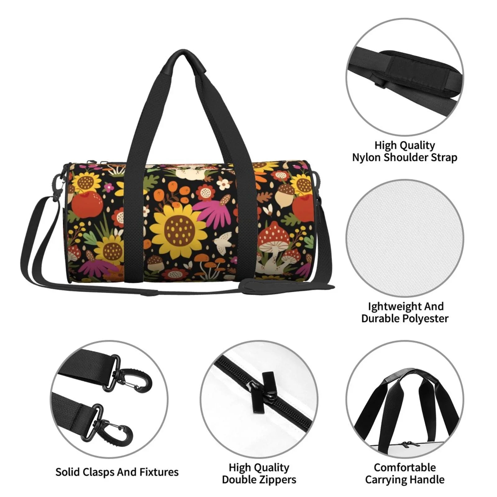 Coaee Sunflowers Mushrooms Large Capacity Travel Luggage Bag Cylinder Gym Bag Waterproof Sports Bag with Pocket and Compartment
