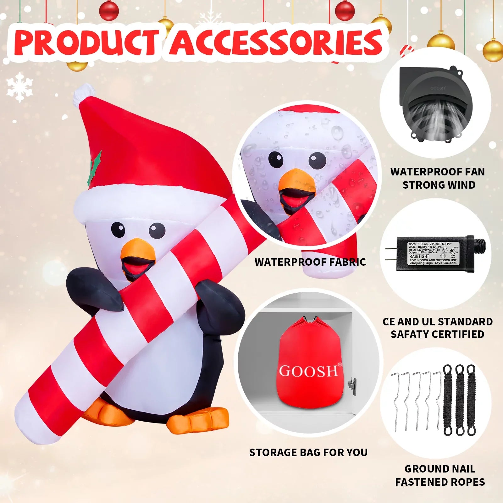 GOOSH 5ft Christmas Inflatables Outdoor Decorations, Blow Up Penguin with Candy Cane Inflatable Built-in LEDs for Christmas Indoor Outdoor Yard Lawn Garden Decorations