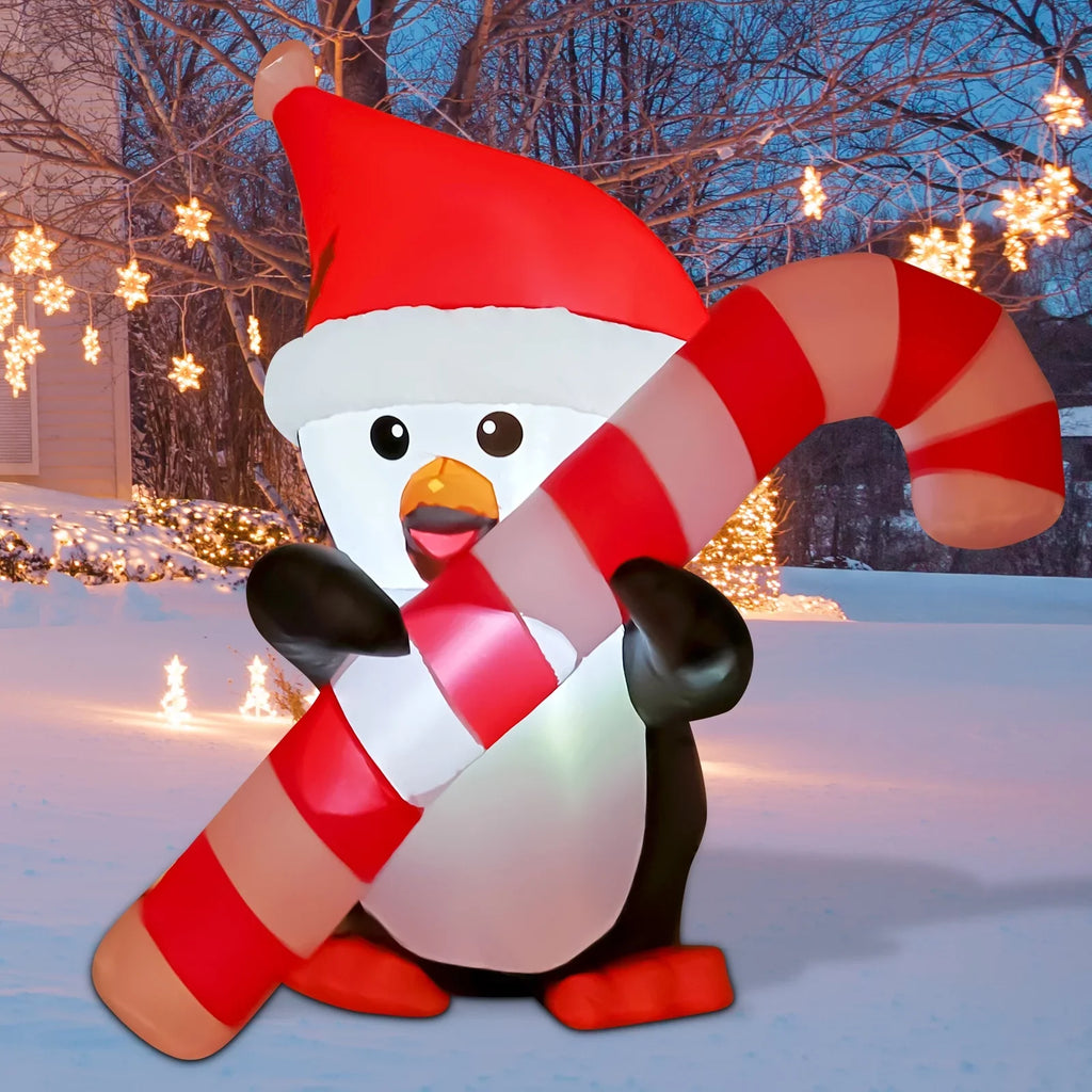 GOOSH 5ft Christmas Inflatables Outdoor Decorations, Blow Up Penguin with Candy Cane Inflatable Built-in LEDs for Christmas Indoor Outdoor Yard Lawn Garden Decorations